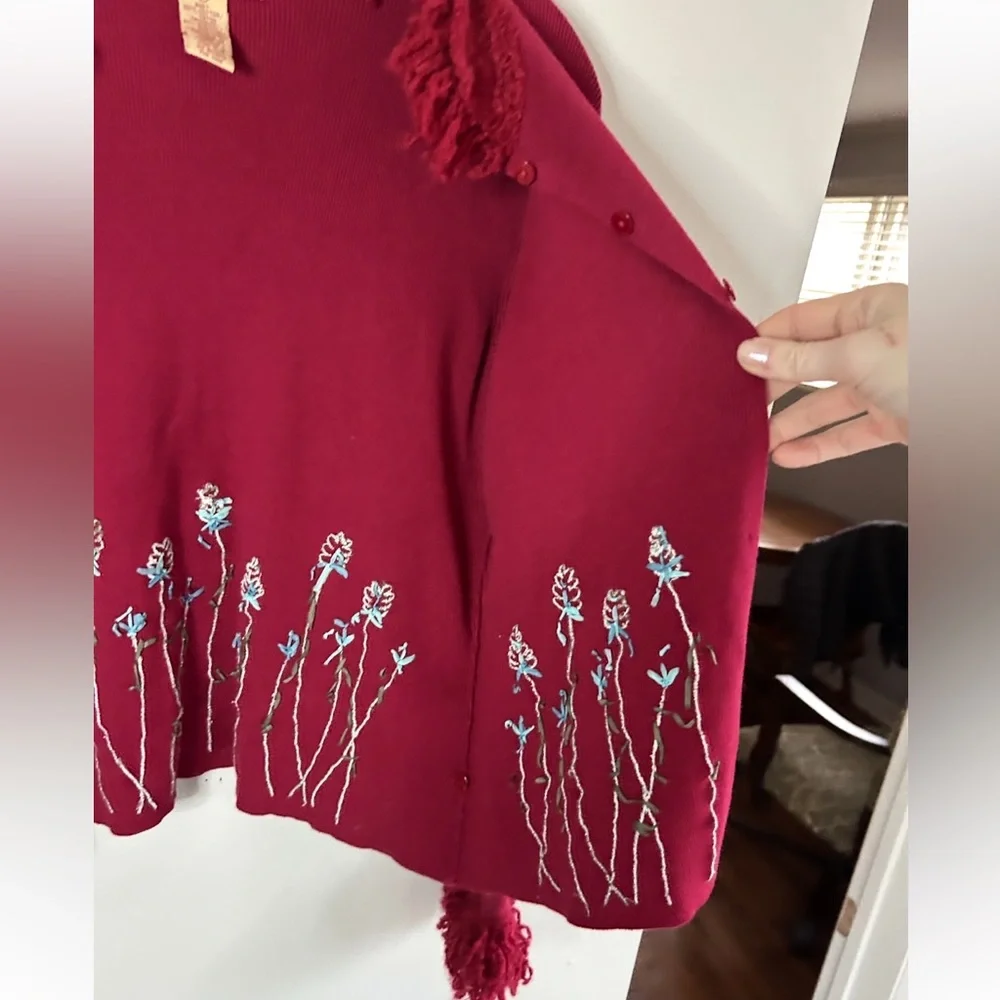 Y2K TELLURIDE 90s Fringe Trim 3D Floral Cardigan Sweater Whimsigoth Boho Size L
